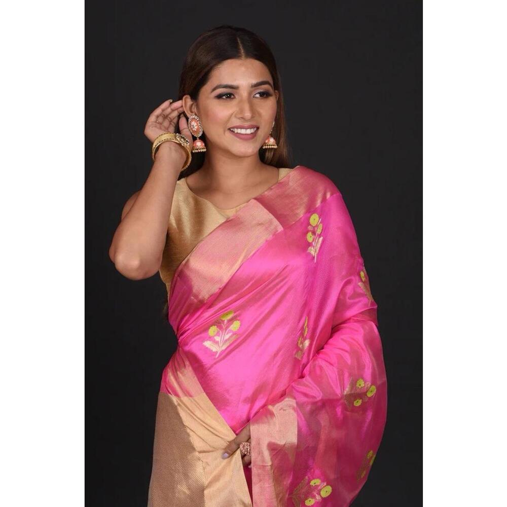 Rani Pink Pure Chanderi Silk Saree sari wedding party wear For Women